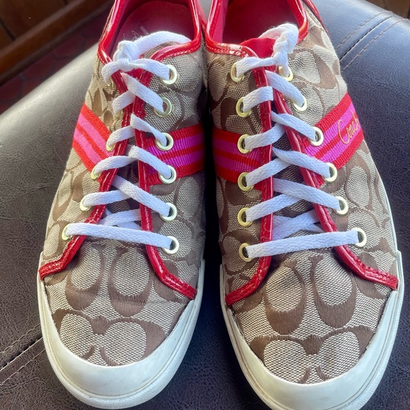 Coach Shoes - SALE Coach Tan Signature Sneakers with Pink and Red Stripe